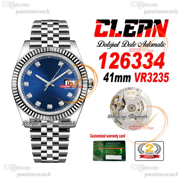 Clean Factory CF 126334 VR3235 Relógio Masculino Automático Moldura Canelada Data Azul Diamantes Mostrador 904L Jubileesteel Pulseira Super Versão Puretimewatch Reloj Hombre 0016
