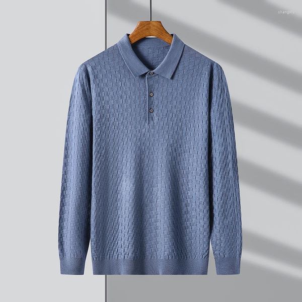 Camisas masculinas de alta qualidade tricô manga longa camiseta outono e inverno moda waffle jacquard polo camisa casual camisola quente