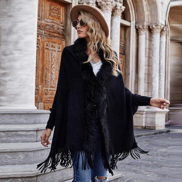 Lenços outono inverno senhoras gola de pele capa envolve cardigan suéter mulher oversized batwing manga ponchos casaco