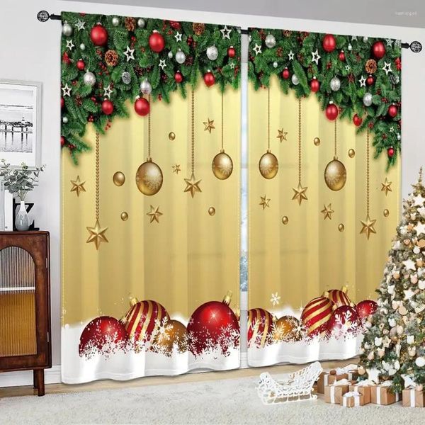 Cortina decoração de natal bola dourada luxo moderno 2 peças fina janela cortina para sala estar quarto decoração