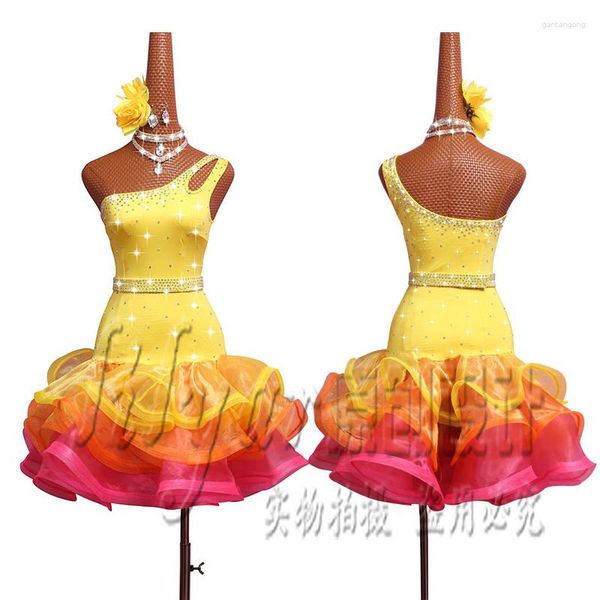 Сценическая одежда, платье для латинских танцев, костюмы для соревнований, юбка для выступлений на заказ, детская светло-желтая юбка из рыбьей кости для взрослых