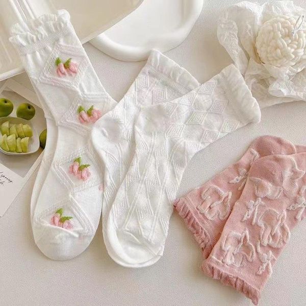 Meias femininas 5 pares/set jk flor impressão babados tubo médio lolita renda senhora harajuku doce macio meninas meia branca