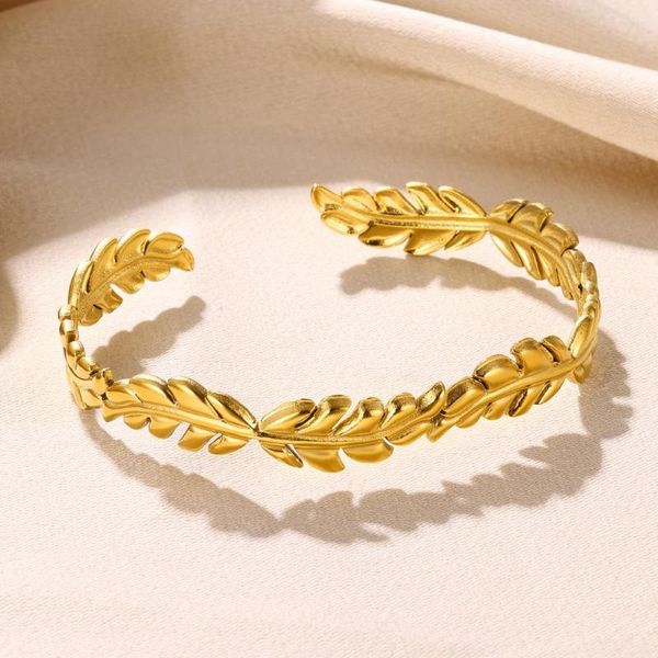 Pulseira de aço inoxidável pena pulseira para mulheres cor ouro elegância pulseiras moda jóias acessórios presentes festa
