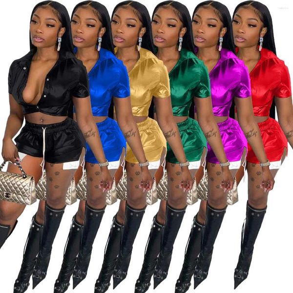 Damen Trainingsanzüge Sommer Sexy PU 2 Stück Shorts Sets Frauen Kurzarm Einreiher Crop Top Und Mini Solid Club Outfits Party Wear