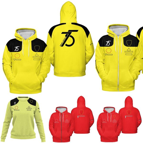 2023 F1 Hoodie Fórmula 1 Equipe 75º Amarelo Zip Up Hoodie Corrida Primavera Outono Casual Moletons Masculinos Jaquetas Moda Casaco Quente