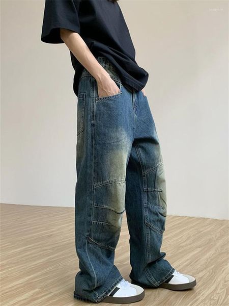 Jeans da uomo Vintage Blu per uomo Y2K Make Old Wash Pantaloni a gamba dritta con tasche a bottone Pantaloni larghi A154