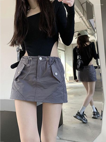 Gonne Y2k Harajuku Cargo Mini donna moda coreana solido vita alta coulisse gonna a trapezio sottile streetwear retrò diviso