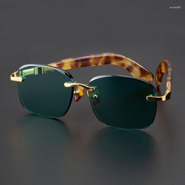 Óculos de sol verde cristal pedra homem sem aro óculos de sol mulher natural lente mineral acetato quadro anti risco qualidade superior