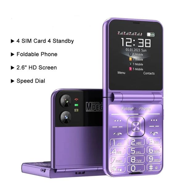 Moda 4 cartões SIM Flip Mobile Phone Magic Voice Blacklist Voice Auto Call Recorder Torch Celulares Desbloqueado Dobrável Blacklist Type-c