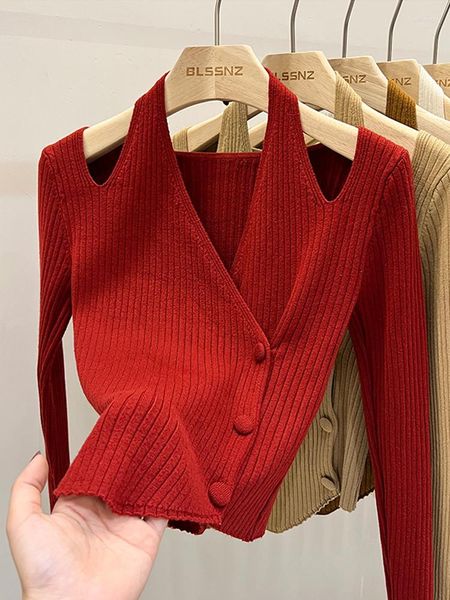 Maglioni da donna Slim sexy retrò scollo a V Natale rosso irregolare scavato sulla clavicola maglione appeso lavorato a maglia Top camicie grunge