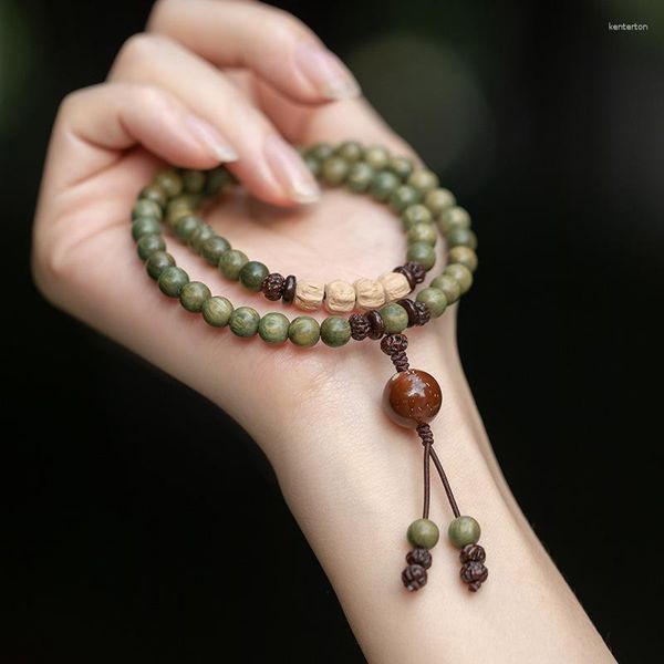 Catena a mano con perline di Buddha in legno di sandalo verde con bracciale in stile etnico con coppia di cento semi profumati