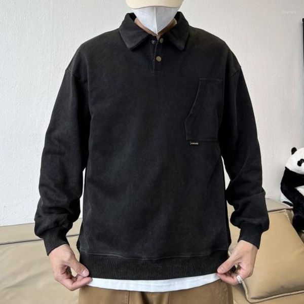 Erkek Tişörtleri Sonbahar Kış Retro Katı Polo Yaka Sweatshirt Gevşek Sıradan High Street Uzun S-Leeve T-Shirts Erkekler Erkek Giysileri