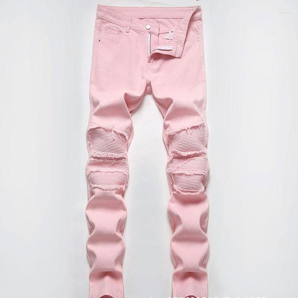 Мужские джинсы High Street с рваными нашивками, розовые весенне-летние повседневные прямые джинсовые брюки с бакенбардами для мужчин
