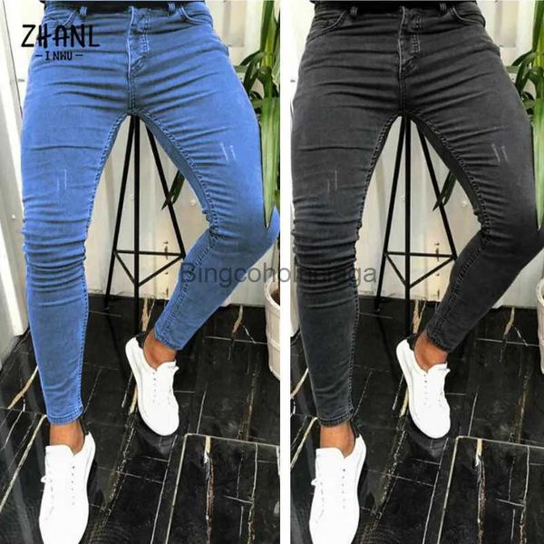 Erkek kot pantolon gökyüzü mavi skinny kot pantolon erkek çizikler esneme gündelik ince fit denim kalem pantolon erkekler saf renk elastik kot sokakwearl231003