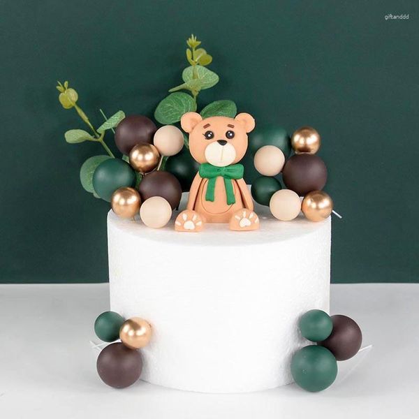 Ferramentas de bolo urso toppers decoração de aniversário bola verde dourada pequena bandeira chá de bebê infantil festa temática de pelúcia