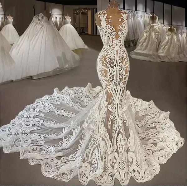 Sexy 2023 rendas sereia vestidos de casamento material real vestidos de noiva jóia pescoço appliqued país boho praia vestidos de novia