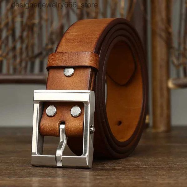 Altri accessori moda 3,8 cm di spessore pelle bovina pesante fibbia in acciaio inossidabile cintura retrò cinturino da cowboy maschio pelle di vitello cintura in vera pelle per uomo vita Q231003