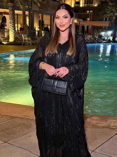 Этническая одежда Черная абайя жаккардовая ткань с V-образным вырезом «крыло летучей мыши» длинное арабское платье вечернее вечернее мусульманское женское платье Кафтан Рамадан Хиджаби платье 2 шт.