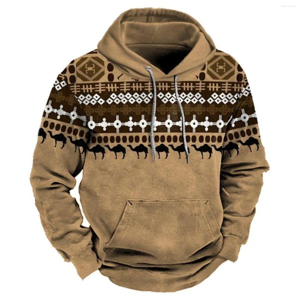 Felpe con cappuccio da uomo Felpa da uomo etnica Boho Autunno caldo pullover con coulisse a maniche lunghe Top maschile Vintage Patchwork Giacca con cappuccio Abiti