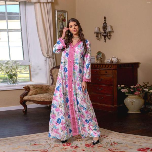 Ethnische Kleidung Frauen Frühling Rosa Blumen Gedruckt Langes Kleid Musilim V-ausschnitt Spitze Band Eid Mubarak Modest Dubai Abaya Robe 2023