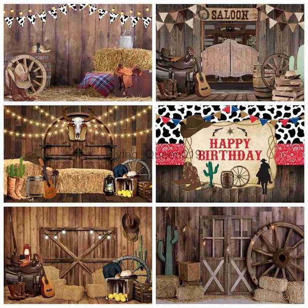 Hintergrundmaterial Western Cowboy Baby Geburtstag Hintergrund Bauernhof Saloon Scheune Pferd USA Vintage Party Dekor Fotografie Hintergrund Kind Fotostudio YQ231003