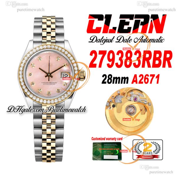 Clean Factory CF 279383RBR A2671 Automatik-Damenuhr, 28 mm, zweifarbige YG-Daimonds-Lünette, rosafarbenes Zifferblatt, 904L Jubileesteel-Armband, Super-Version für Damen, Puretimewatch C3