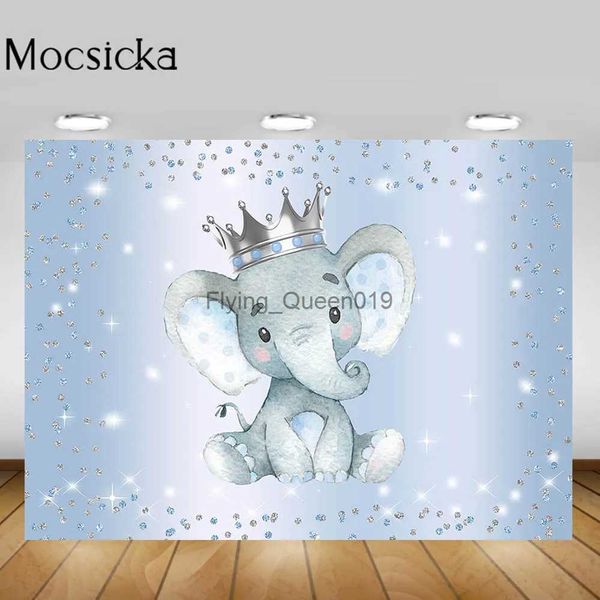 Справочный материал Mocsicka Baby Shower Фон Мальчик Синий Слон Серебряная Корона Ребенок День Рождения Фон Декор Фотостудия Реквизит для фотографии YQ231003