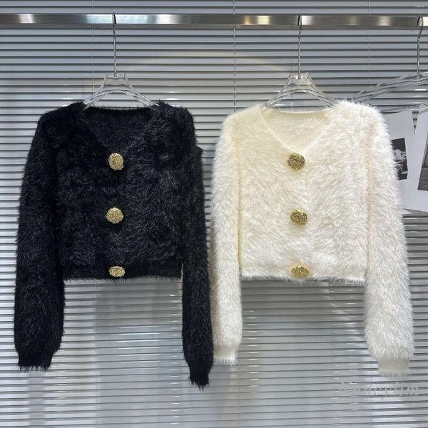Malhas femininas 2023 outono macio mohair camisola retro grande fivela de metal vison-como lã peludo cardigan casaco branco preto