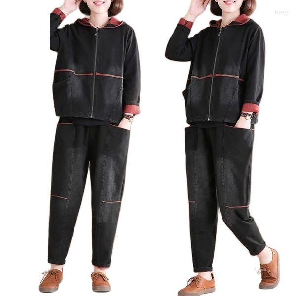 Calças femininas de duas peças único/terno jeans ternos 2023 outono coreano solto jean jaqueta com capuz define feminino literário retro algodão