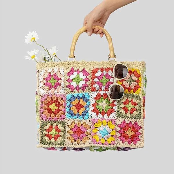 Totes Kontrast Farbe Handhäkelbeutel große Kapazität gewebter Beutel Stroh Stroh Totes Vintage Bambusknotengriff karierte Tasche Multicolor -Frauenbeutel 240407