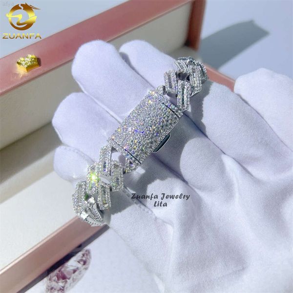 Marca de moda feminina qualidade superior passar diamante tester 925 prata esterlina baguette corrente cubana iced out 15mm pulseira