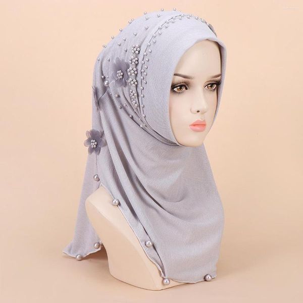 Schals Muslim Tuban Frauen Grau Hijab Arabisches Kopftuch Islamische Perlen 3D-Blume Khimar Tragen Sie direkt Intant