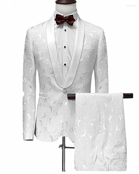 Erkekler Beyaz Baskılı Erkekler İnce Fit Takım 2 PC Şal Kapan Ceket Siyah Pantolon Set Sıradan Düğün Damat Resmi İş Blazer Kostüm Homme