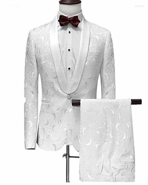 Abiti da uomo Abito da uomo stampato bianco Abito slim fit 2 pezzi Giacca con risvolto sciallato Pantaloni neri Set Casual Sposo da sposa Formale Blazer da lavoro Costume Homme