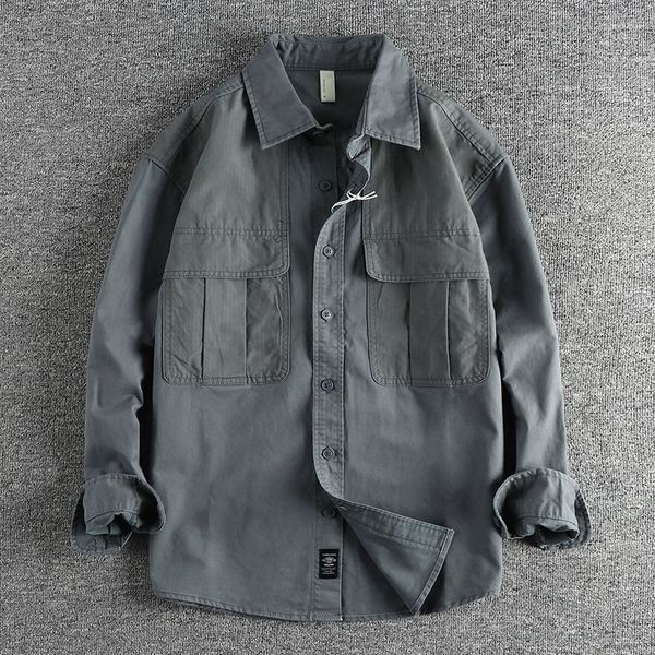 Freizeithemden für Herren, minimalistisches Design mit großen Taschen, Arbeitskleidung, langärmelige Oberbekleidung aus gewebter Baumwolle, 478