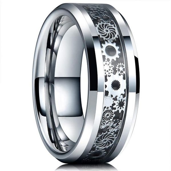 Roda de engrenagem cor prata vintage anéis masculinos de aço inoxidável dragão celta preto anel de fibra de carbono incrustado masculino casamento band282v