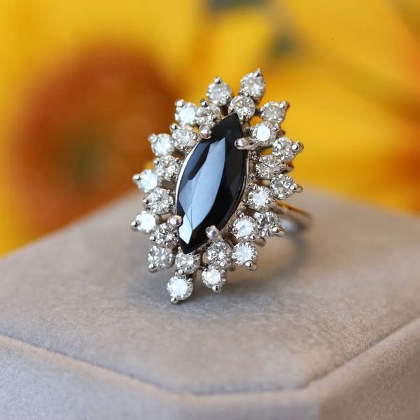 Anéis de casamento Laxury 1/5ct 12x6mm Black Marquise Cut Anel Solarite com Rodada Brilhante Lab Diamond Halo para Mulheres 230928