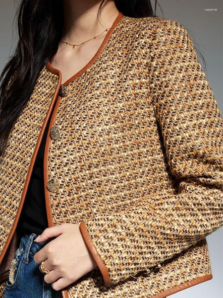 Jaquetas femininas de alta qualidade velho dinheiro estilo mulheres roupa outono francês couro colagem lã tweed trançado haute chique casaco superior