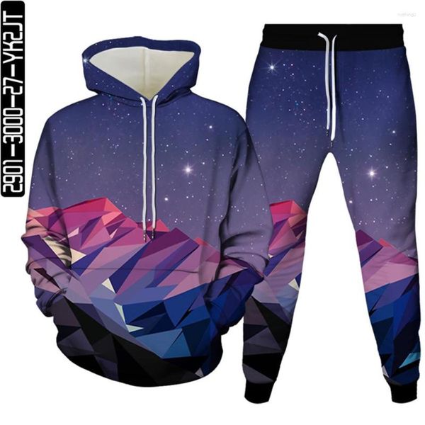 Мужские спортивные костюмы Мужчины Harajuku Galaxy Planet Moon Star Спортивный костюм Женские брюки с капюшоном с 3D принтом Комплекты одежды из 2 предметов Плюс размер