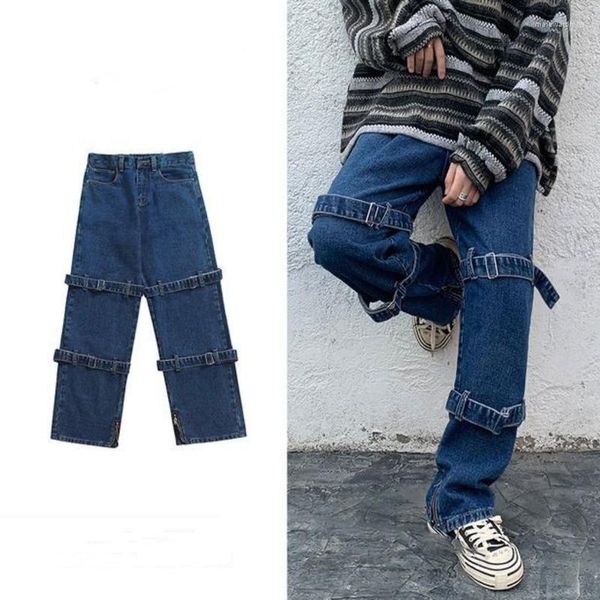 Herrenjeans Hip-Hop Europäischer und amerikanischer High Street Y2k-Stil Persönlichkeitsgurt Schwarz/Blau Gerade lockere Hose