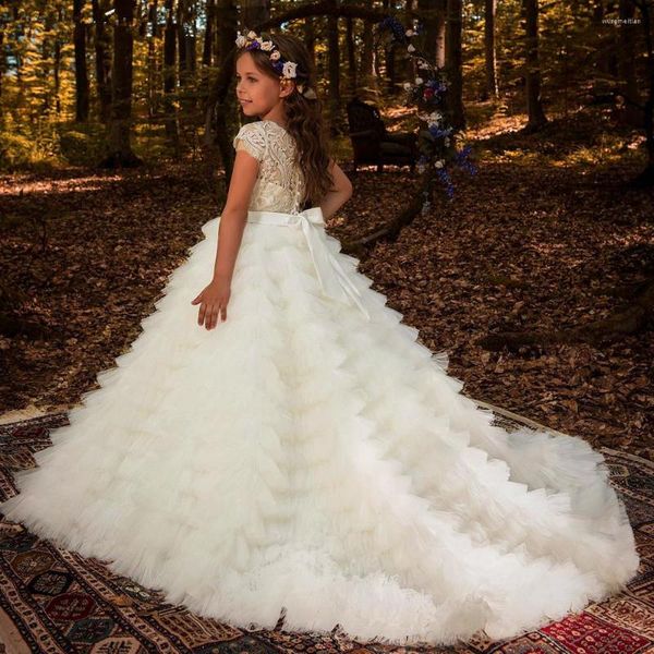 Vestidos da menina tule impressão em camadas branco anjo flor vestido princesa bola beleza concurso primeira comunhão crianças surpresa presente de aniversário