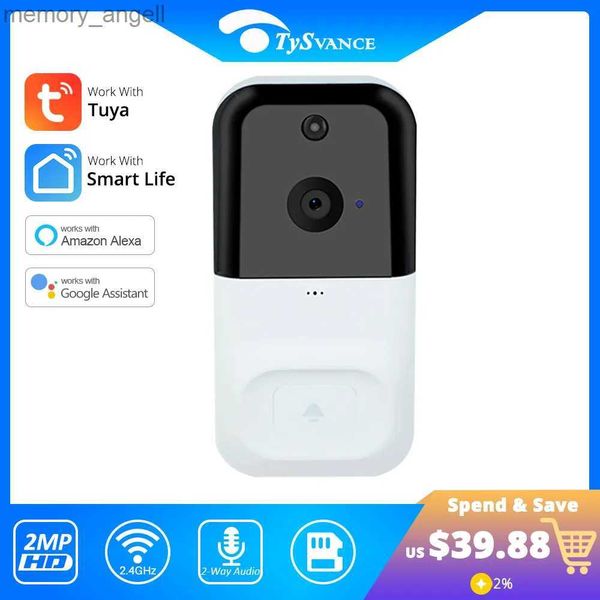 Дверные звонки Tuya Video Door Dover Wi -Fi Беспроводная батарея с питанием Full HD 1080P 2MP Водонепроницаемые работы с Alexa Smart Door Bell Camera YQ2301003