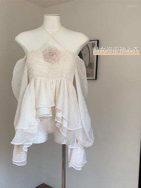 Damenblusen, französischer Fairycore, Schmetterlingsärmel, süß, schick, dünn, Bandage, bauchfreies Top, Damen, einfache Freizeithemden, Applikationen, Design, Sommer