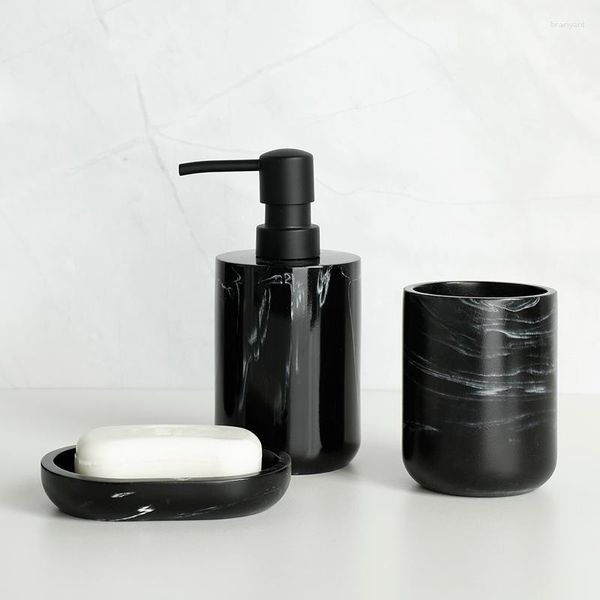 Set di accessori da bagno Portaspazzolino in resina nera per bagno Scopino per WC Dispenser di sapone Pompa Bottiglia Piatto Collutorio Tazza