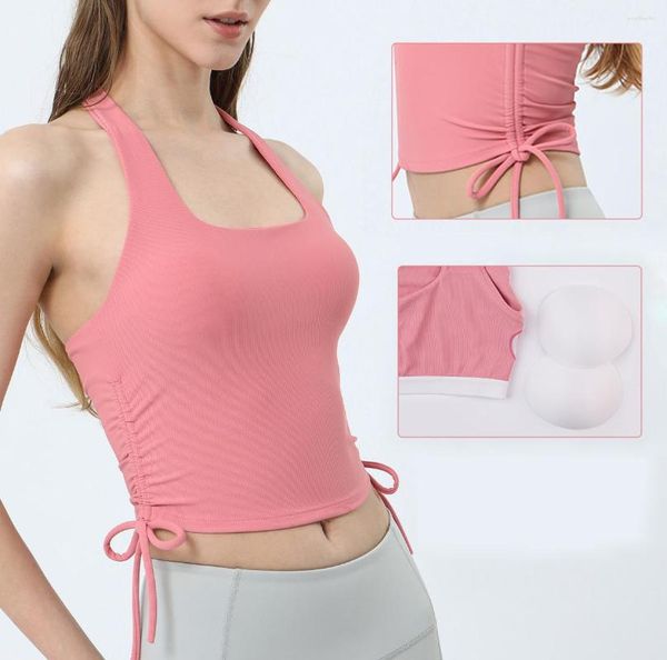 Débardeur dos ouvert pour femmes, Yoga, Fitness, été, sangle à cordon de serrage, coussin de poitrine, cou suspendu, sport de course