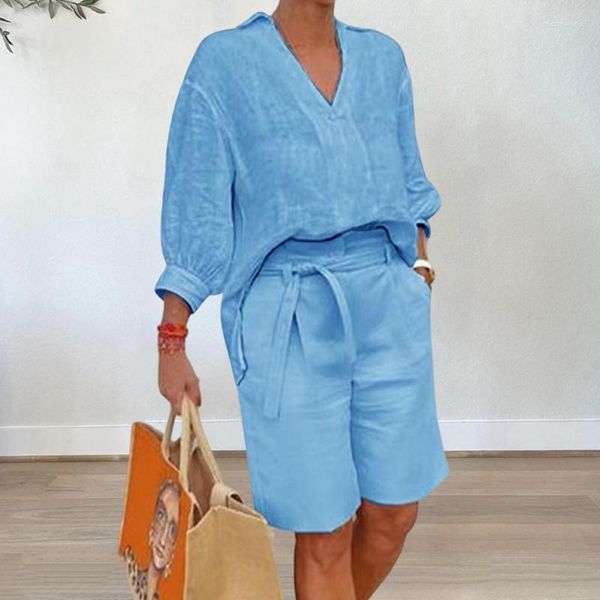 Blusas femininas moda meia manga com decote em v camisa de linho de algodão feminino casual solto conjunto de duas peças blusa roupas de verão cinto shorts 26303