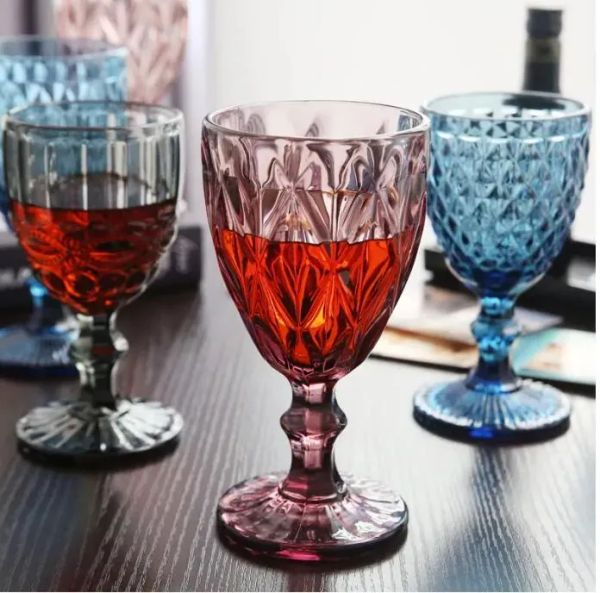 Bicchieri da vino da 300 ml Calici spessi con lampada colorata in rilievo in stile vintage da 10 once per feste di nozze JJ 10.2