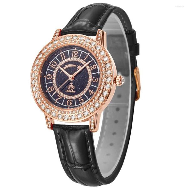 Armbanduhren Fate Love 827 Luxus-Quarzuhr für Damen, wasserdichtes Leder, elegante Damenuhren, Zahlenskala, Sternenhimmel-Zifferblatt, Handuhr