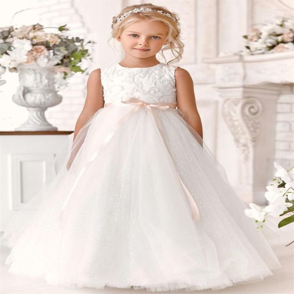 Vestidos de menina branco brilhante tule apliques flor rosa cinto com zíper sem mangas para festa de aniversário de casamento vestido de primeira comunhão