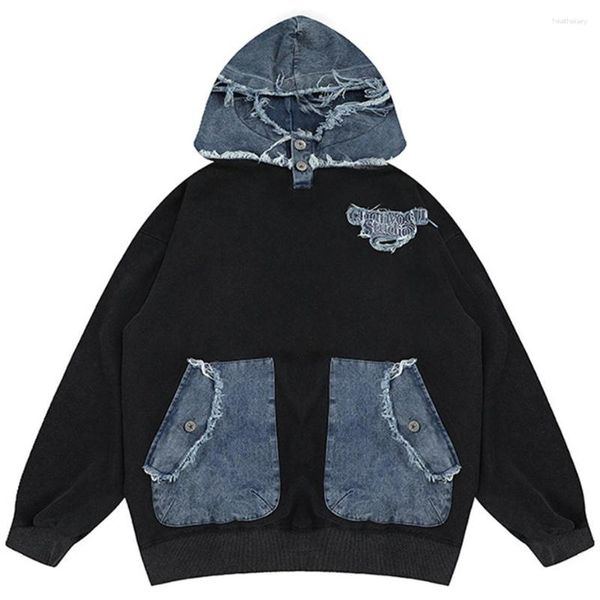 Hoodies masculinos oversized hip hop com denim retalhos high street vintage moletom solto ajuste com capuz topos bordado